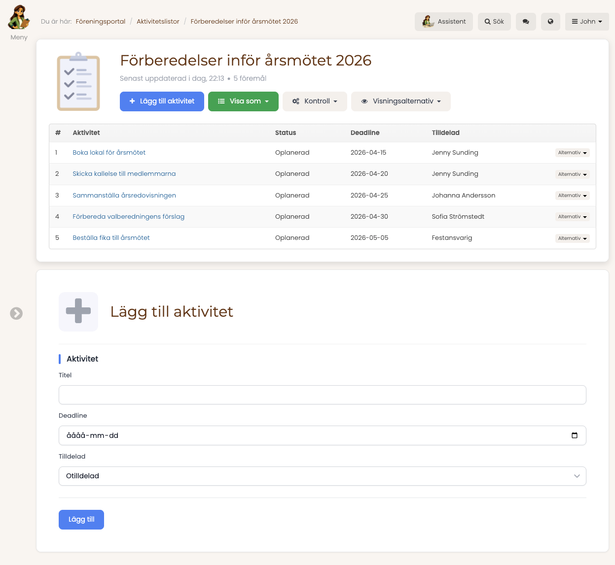 Skärmbild på den färdiga aktivitetslistan